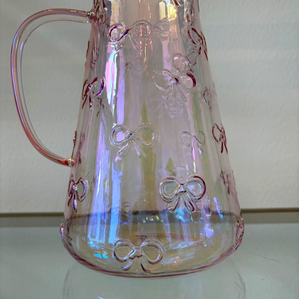 BellaLux Embossed Bow PINK Luster Glass Pitcher 9.25in Chic Barware NEW - Picture 6 of 11
